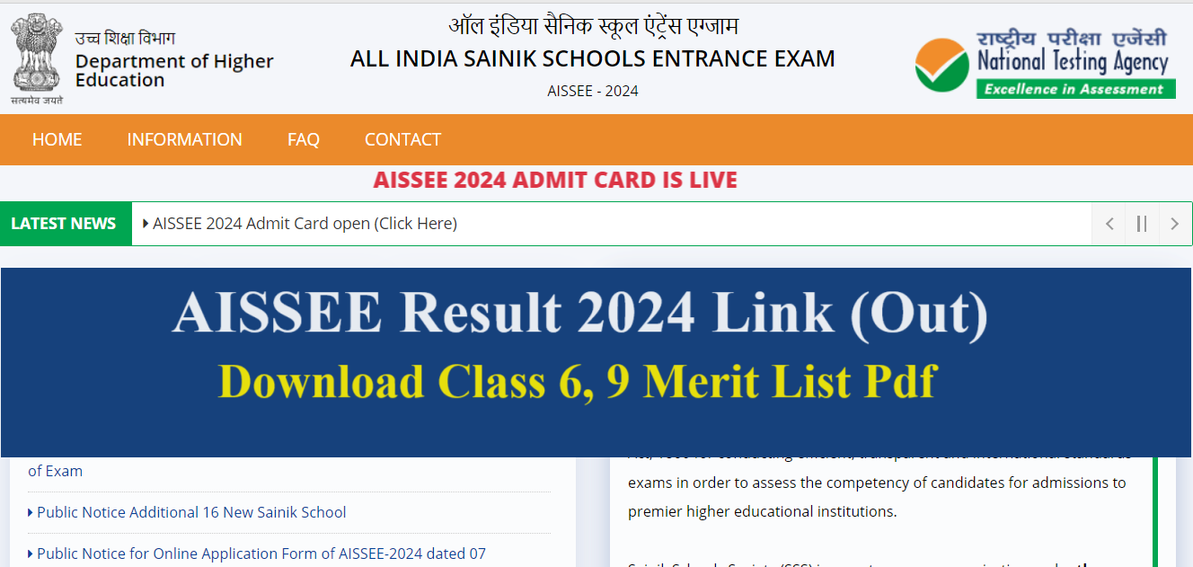 Sainik School Result 2024 Link (Out) AISSEE 2024 Class 6th, 9th Score