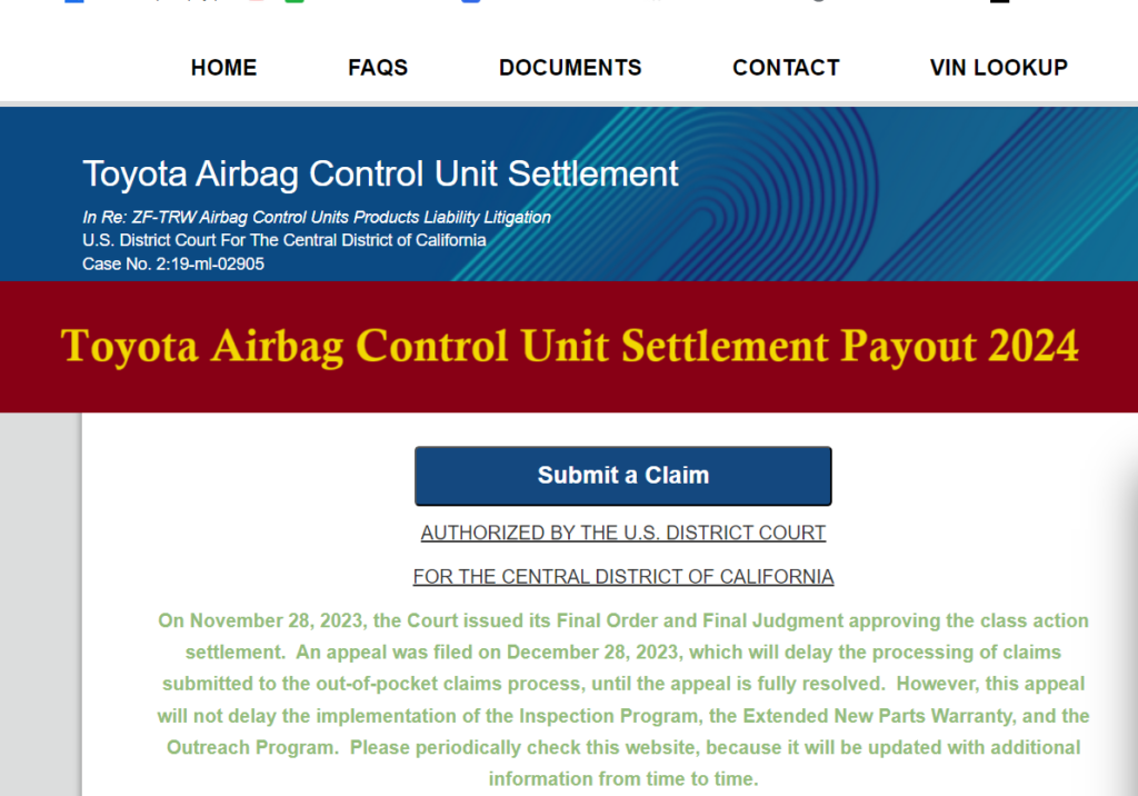 Toyota Airbag Control Unit Settlement Payout 2024